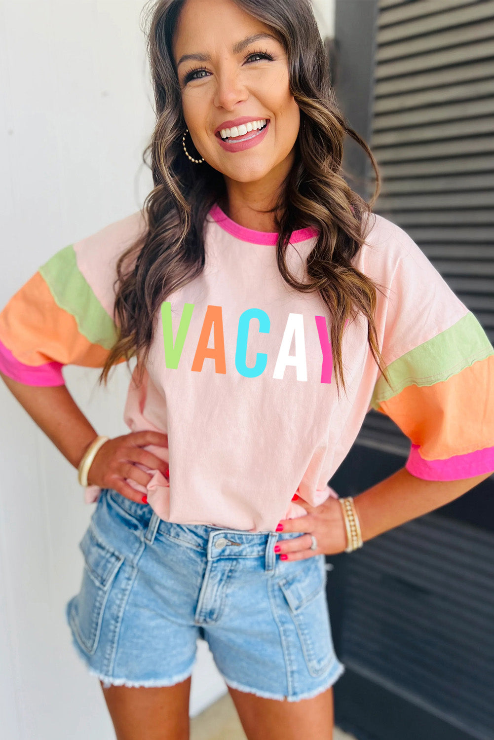 Vacay Printed Colour Block Half Sleeve Graphic T Shirt | Pink