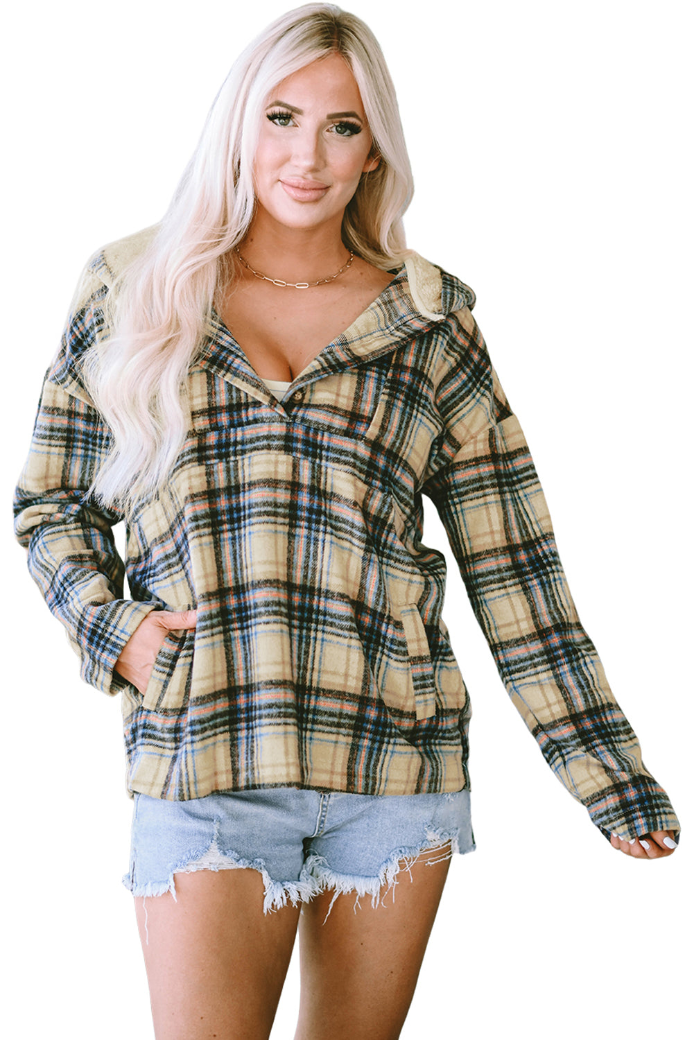 Plaid Button Neck Pocketed Pullover Hoodie | Khaki