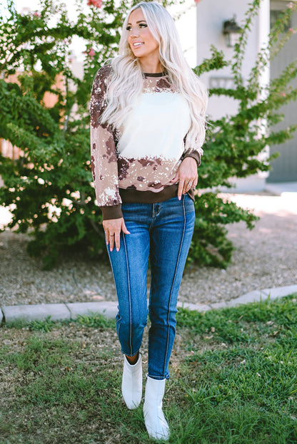 Bleached Tie Dye Leopard Print Long Sleeve Top | Brown