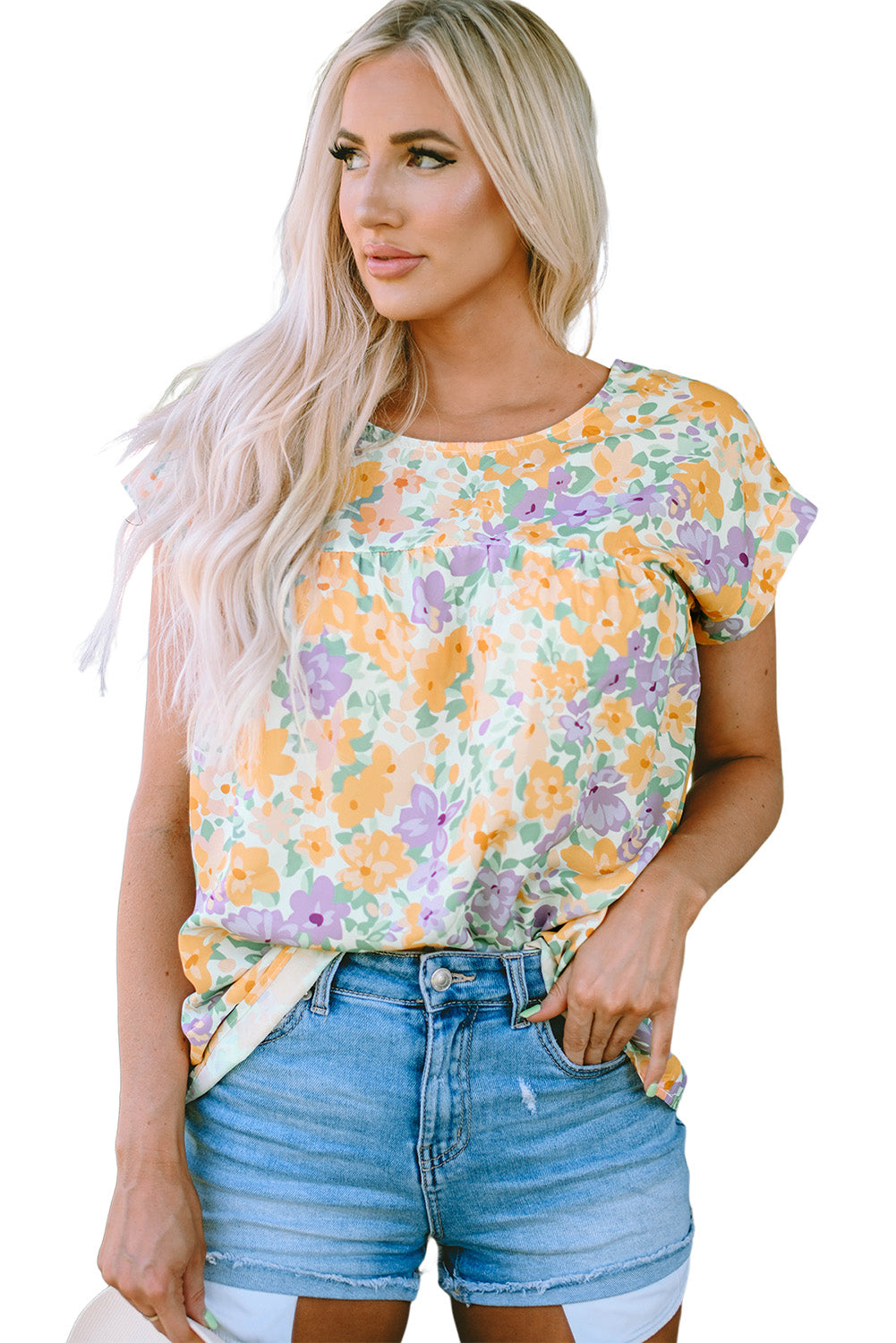 Floral Print Keyhole Back Short Sleeve Babydoll Blouse | Yellow