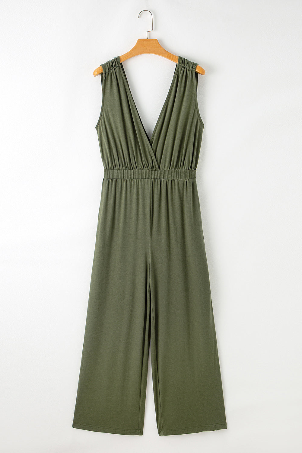 Deep V Pleated Crisscross Wide Leg Backless Jumpsuit | Jungle Green