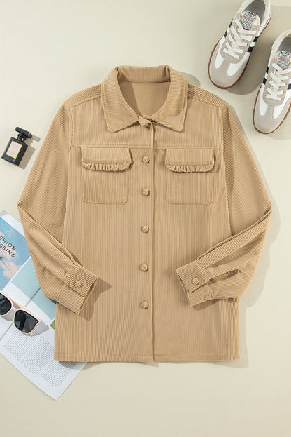 Solid Frilled Flap Pocket Button Up Corduroy Shacket | Light French Beige