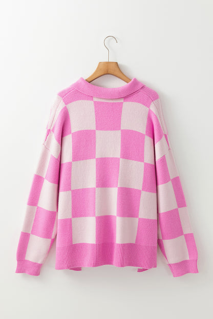 Checkerboard Half Button Collared Drop Shoulder Sweater | Pink