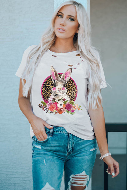 Easter Bunny Floral Leopard Graphic Distressed T Shirt | White