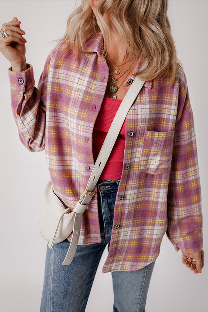 Plaid Print Chest Pocket Long Sleeve Shacket | Pink