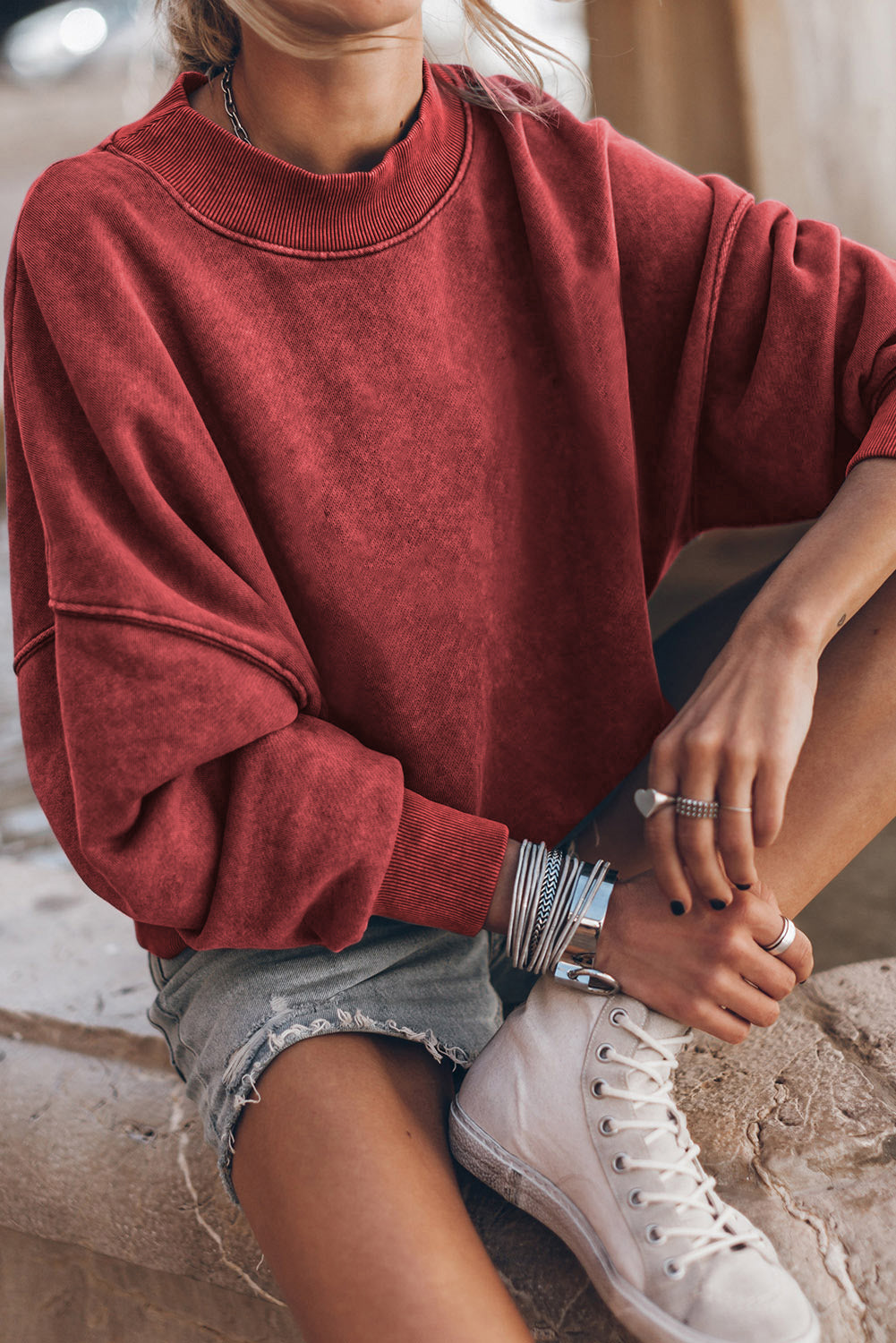 Drop Shoulder Crew Neck Pullover Sweatshirt | Red Dahlia