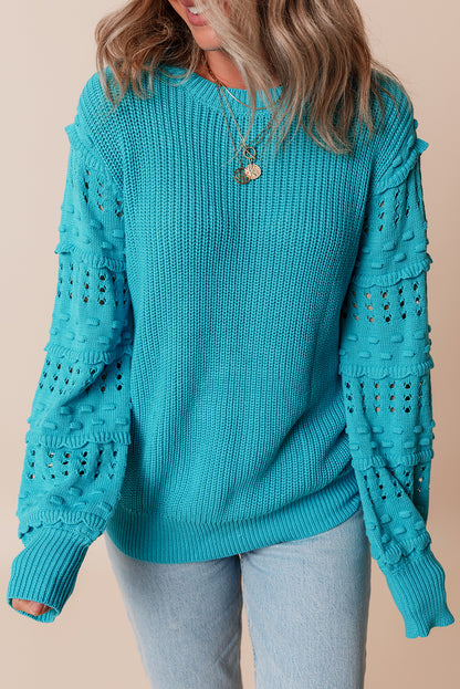 Ruffled Eyelet Bubble Sleeve Sweater | Turquoise