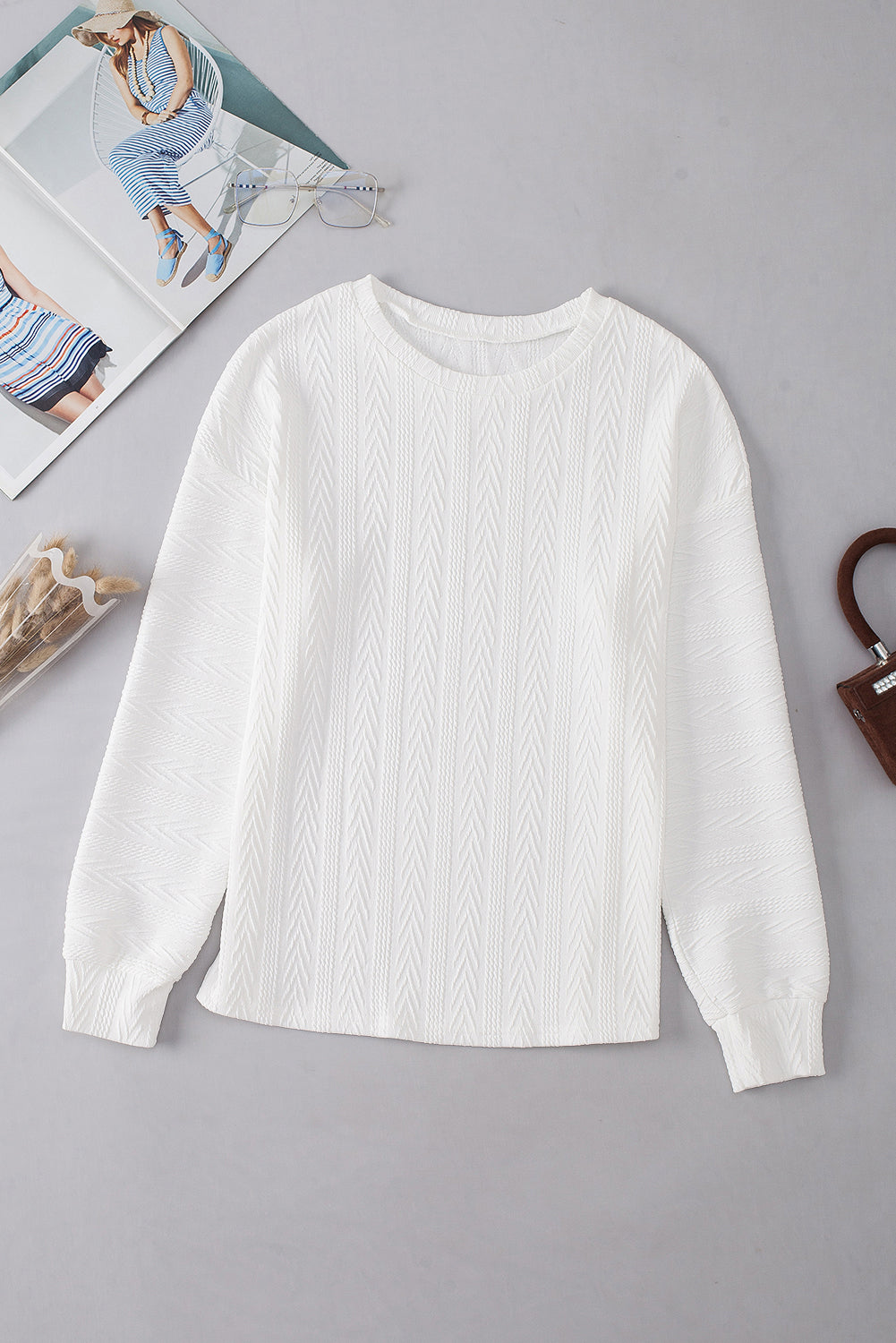 Round Neck Drop Shoulder Textured Knit Top | White