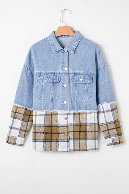 Plaid Patchwork Buttoned Oversized Denim Jacket | Khaki