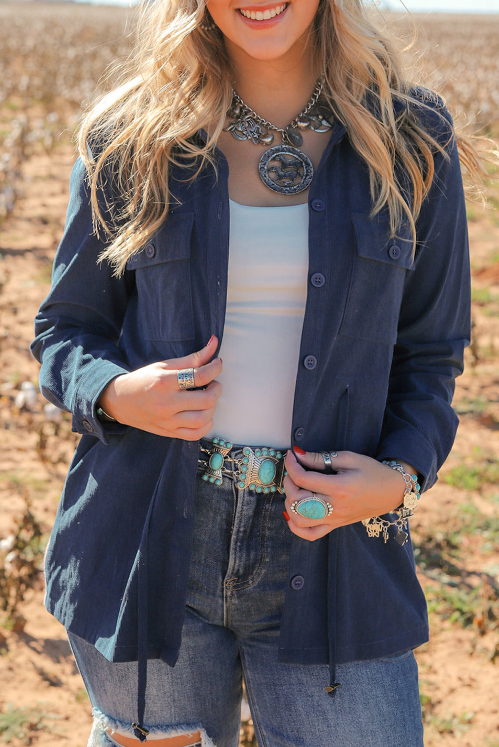 Corduroy Cinched Aztec Back Jacket | Blue