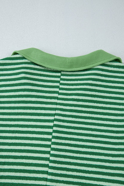 Turn-Down V Neck Patchwork Loose Top | Green Stripe