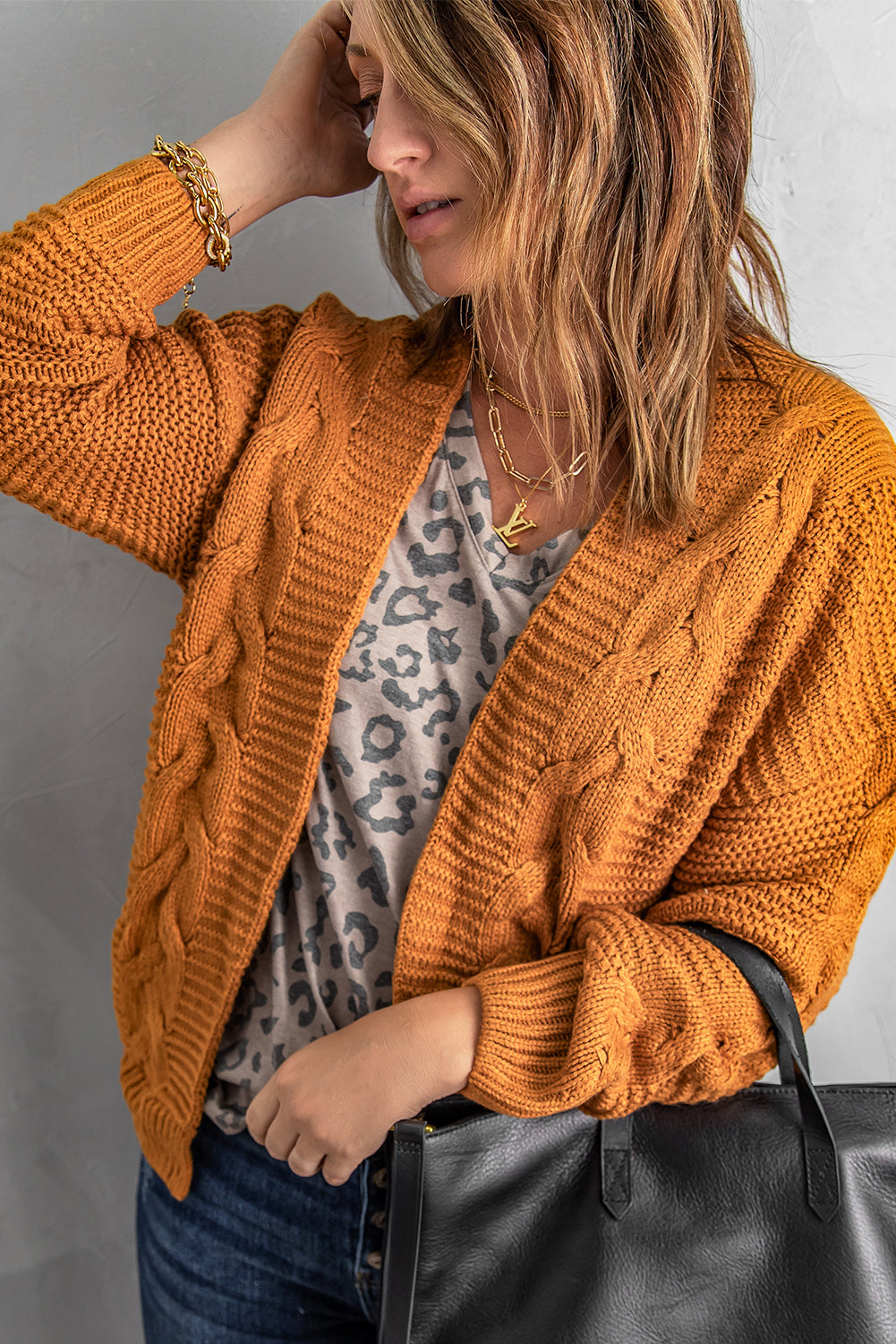 Khaki Chunky Wide Long Sleeve Knit Cardigan | Yellow Brown