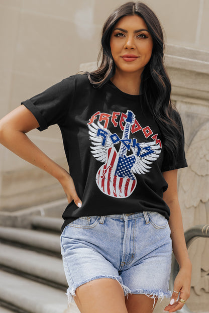 American Flag Guitar Print Crew Neck Tee | Black