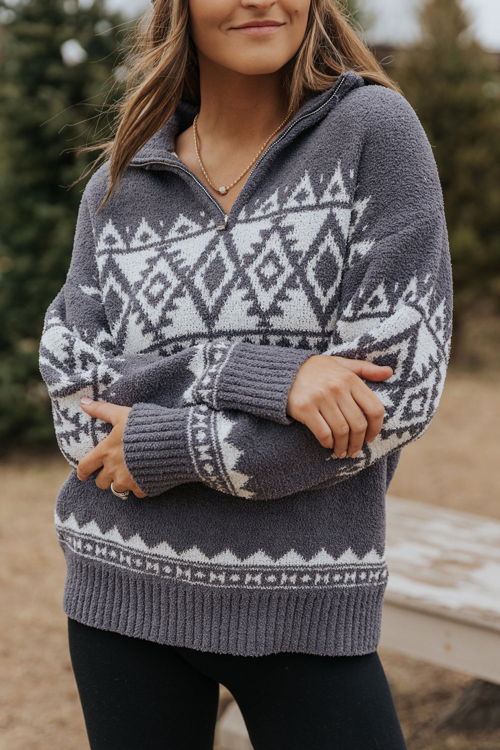 Western Geometric Printed Quarter Zip Pullover Sweater | Gray