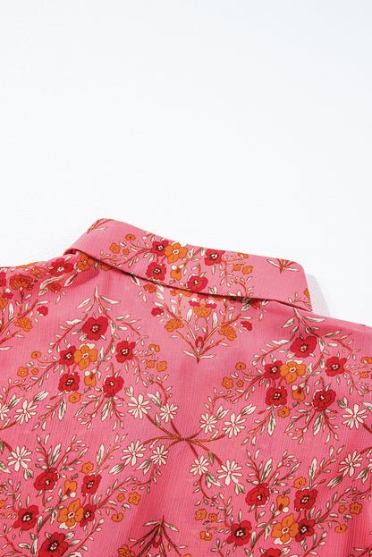 Floral Print Wide Short Sleeve Loose Shirt | Rose Red