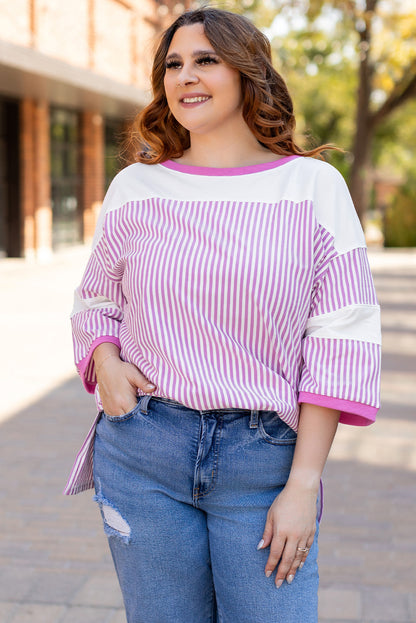 Patchwork Bracelet Sleeve Plus Size T Shirt | Pink Stripe