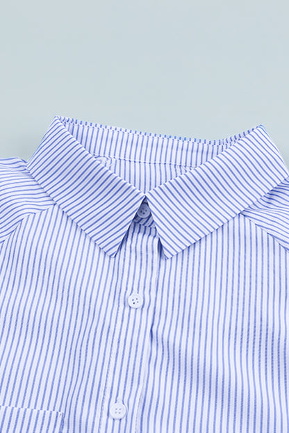 Smocked Cuffed Striped Boyfriend Shirt With Pocket | Sky Blue