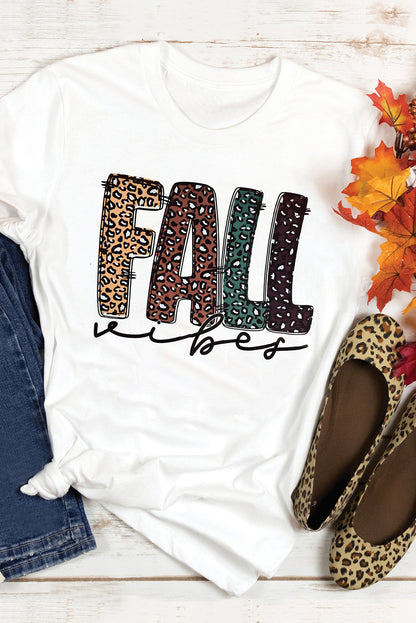 Fall Vibe Leopard Print Crew Neck T Shirt | White