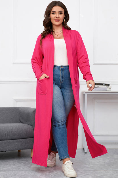 Strawberry Pink Plus Size Side Split Pockets Duster Cardigan