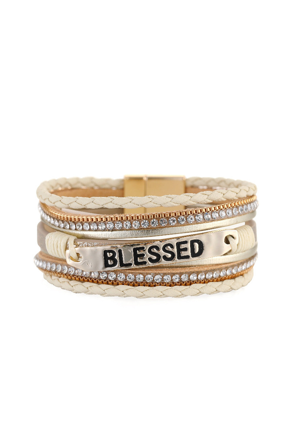 Blessed Rhinestone Braided Detail Buckle Bracelet | Beige