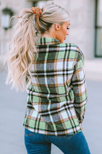 Geometric Plaid Print Pocketed Shacket | Green