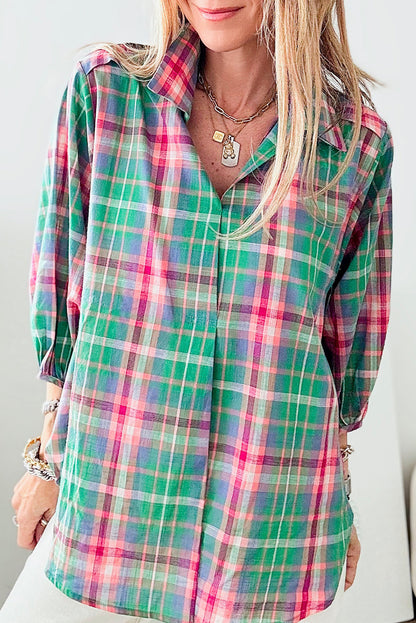 Checkered 3/4 Sleeve Collared Loose Fit Shirt | Green