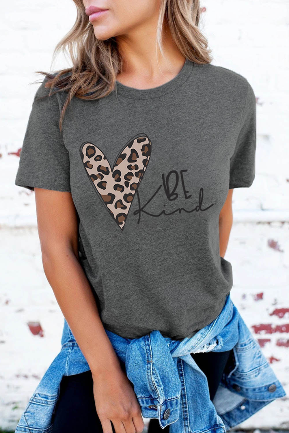 Leopard Heart Be Kind Graphic Tee | Gray