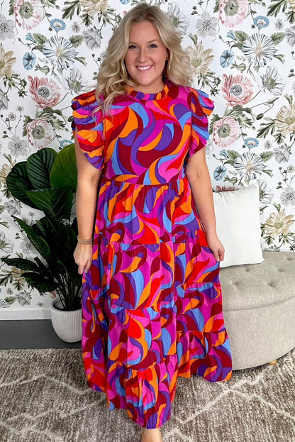 Plus Abstract Print Ruffled Mock Neck Tiered Maxi Dress | Multicolour