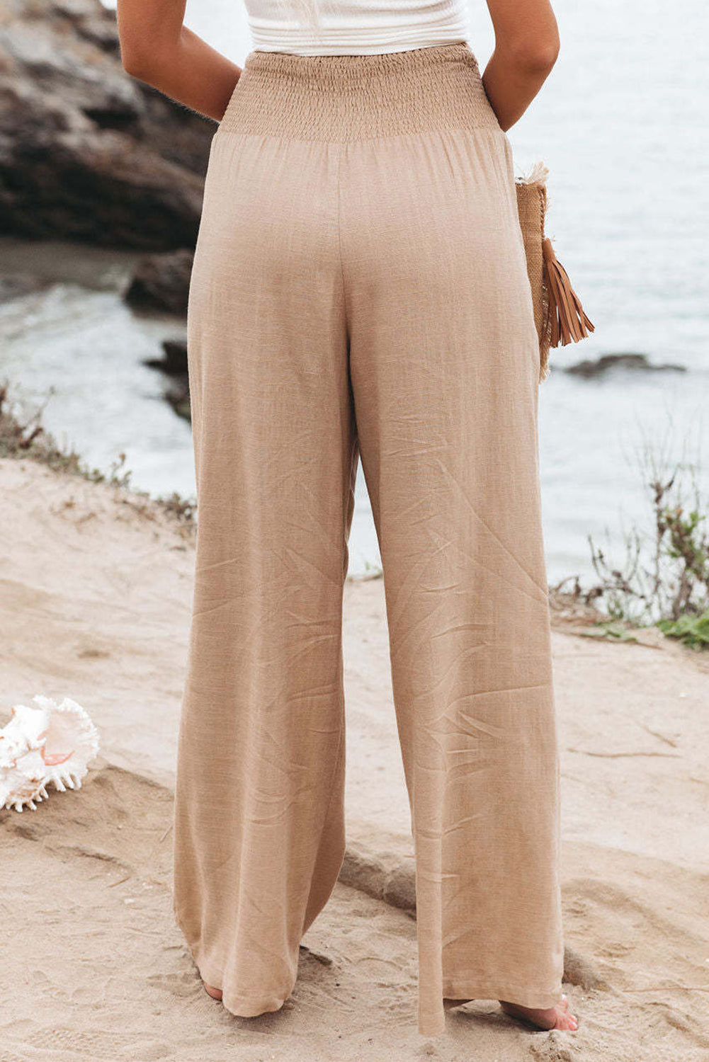 Smocked Wide Waistband High Waist Wide Leg Pants | Khaki