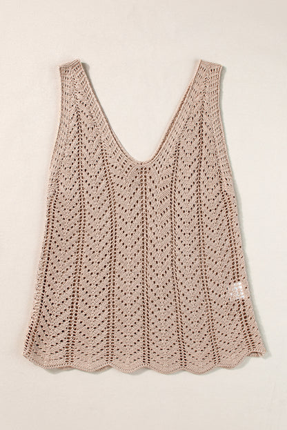 Scalloped Hem V Neck Crochet Knit Vest | Pale Khaki