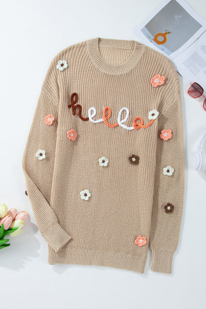 Hello Floral Embroidered Knit Loose Sweater | Parchment