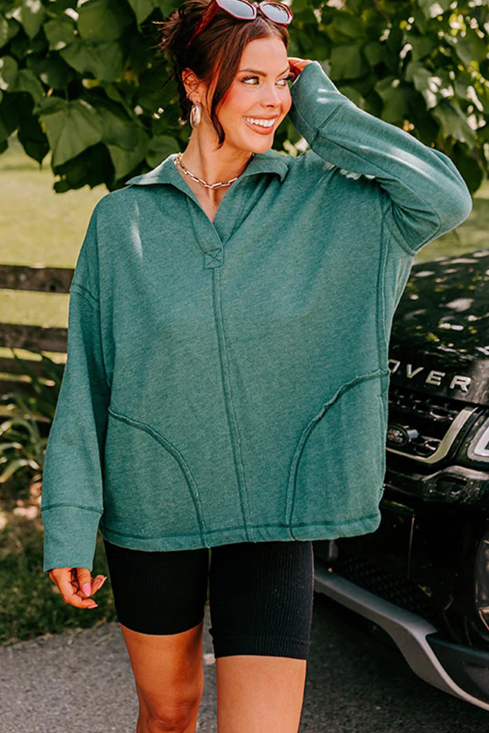 Exposed Seam Collared Pocketed Loose Sweatshirt | Evergreen