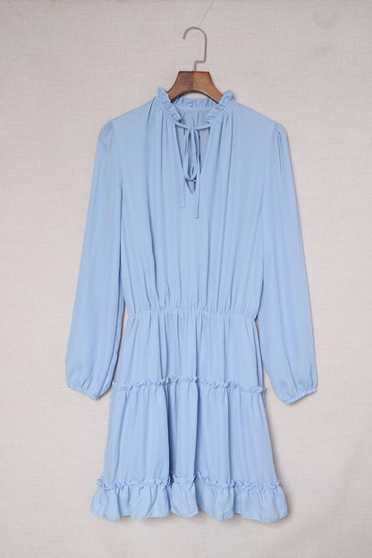 Light Blue V Neck Long Sleeve Ruffle Tiered Mini Dress | Sky Blue