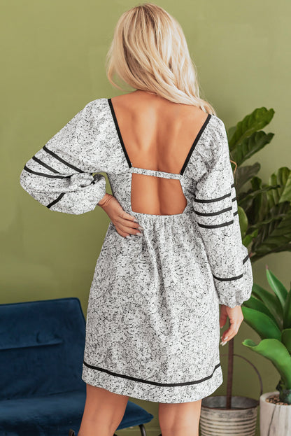 Floral Print Open Back Balloon Sleeve Square Neck Mini Dress | Gray