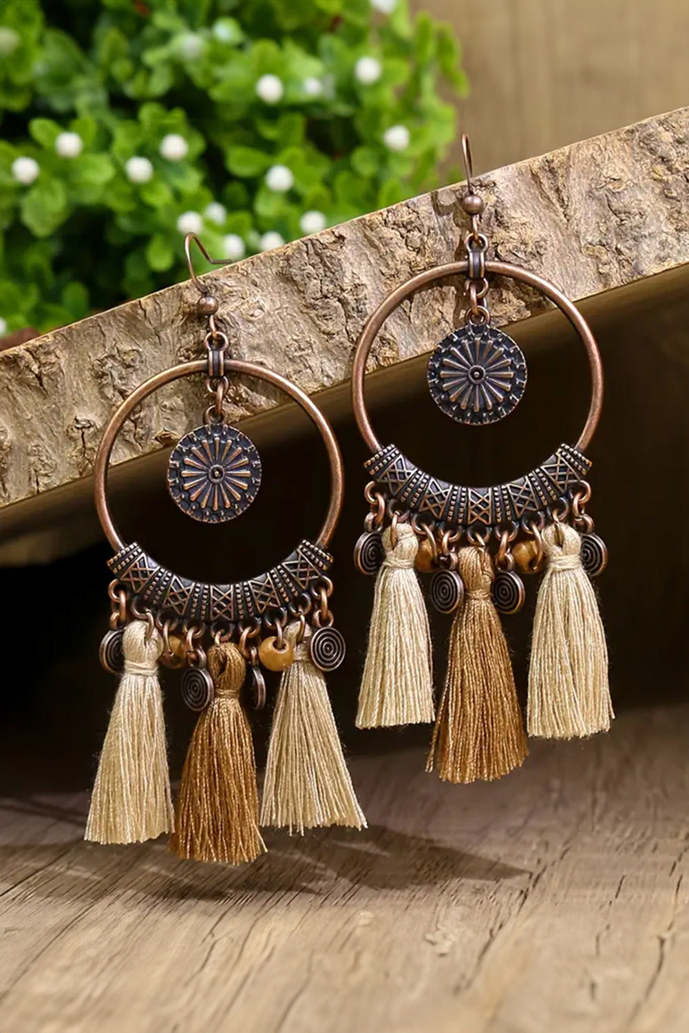 Beige Boho Round Tasseled Dangle Earrings