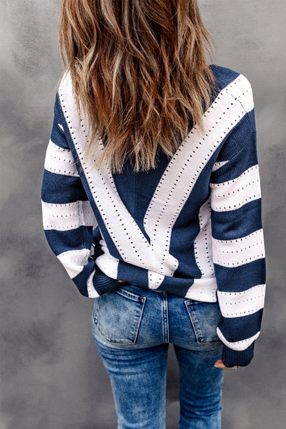 Striped Colourblock V Neck Knitted Sweater | Blue