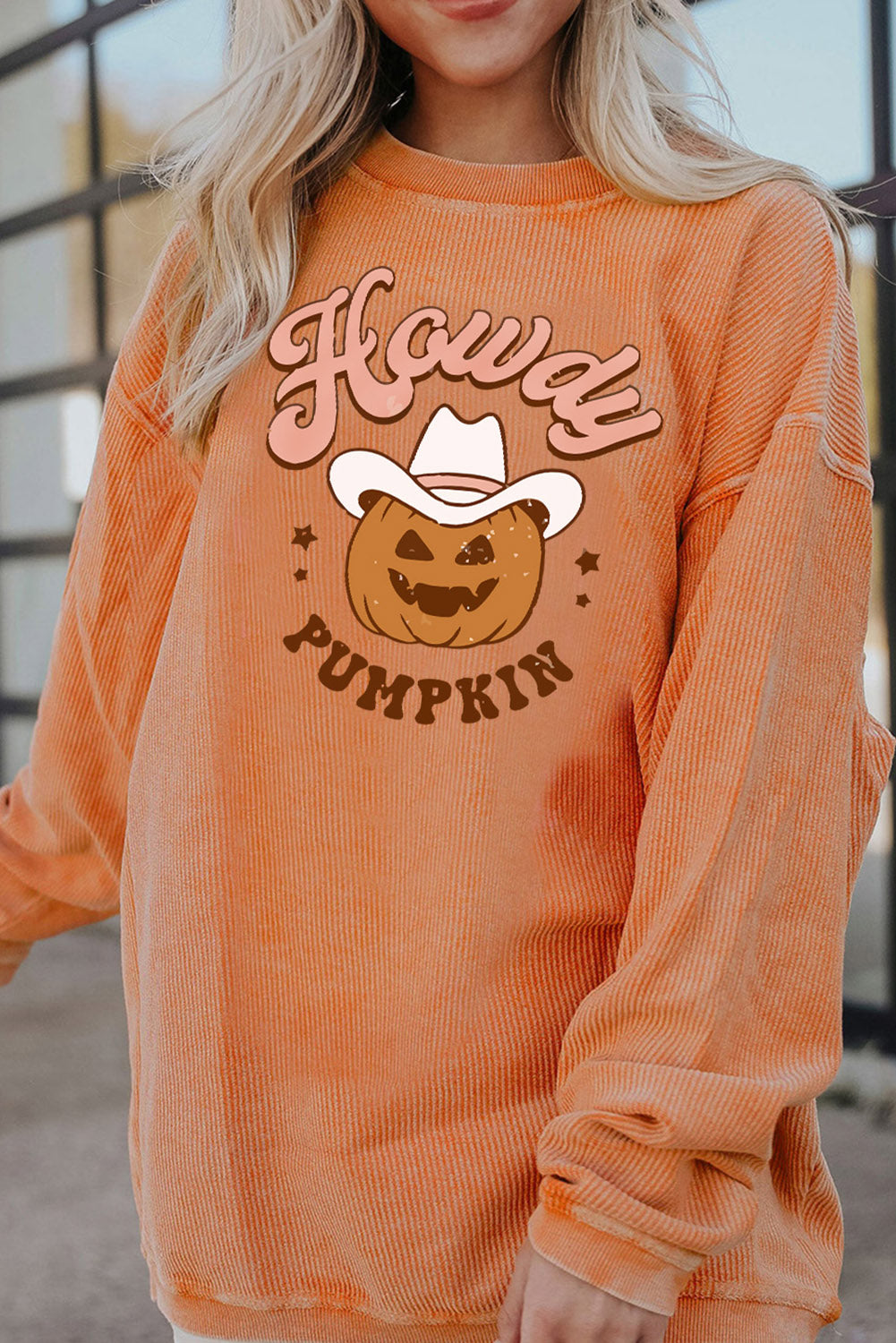 Howdy Pumpkin Halloween Graphic Corded Sweatshirt | Orange