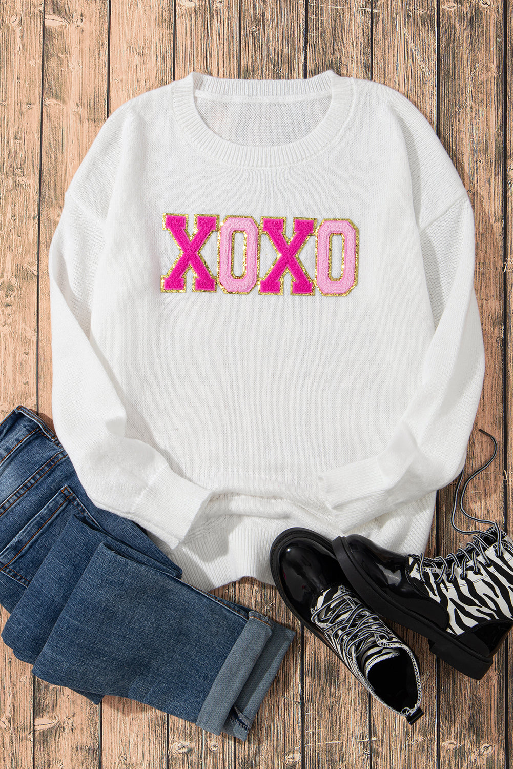 Xoxo Glitter Print Round Neck Casual Sweater | White