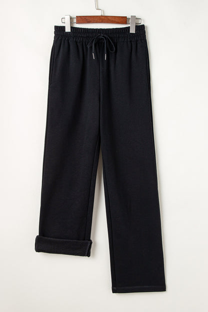 Solid Colour Fleece Lined Drawstring Waist Casual Pants | Black