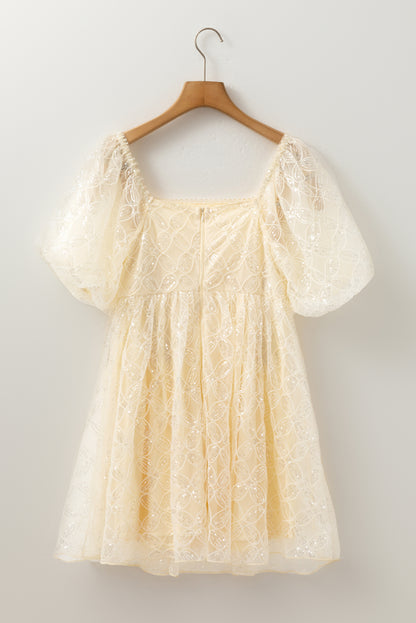 Sequined Lace Mesh Bubble Sleeve Square Neck Dress | Apricot