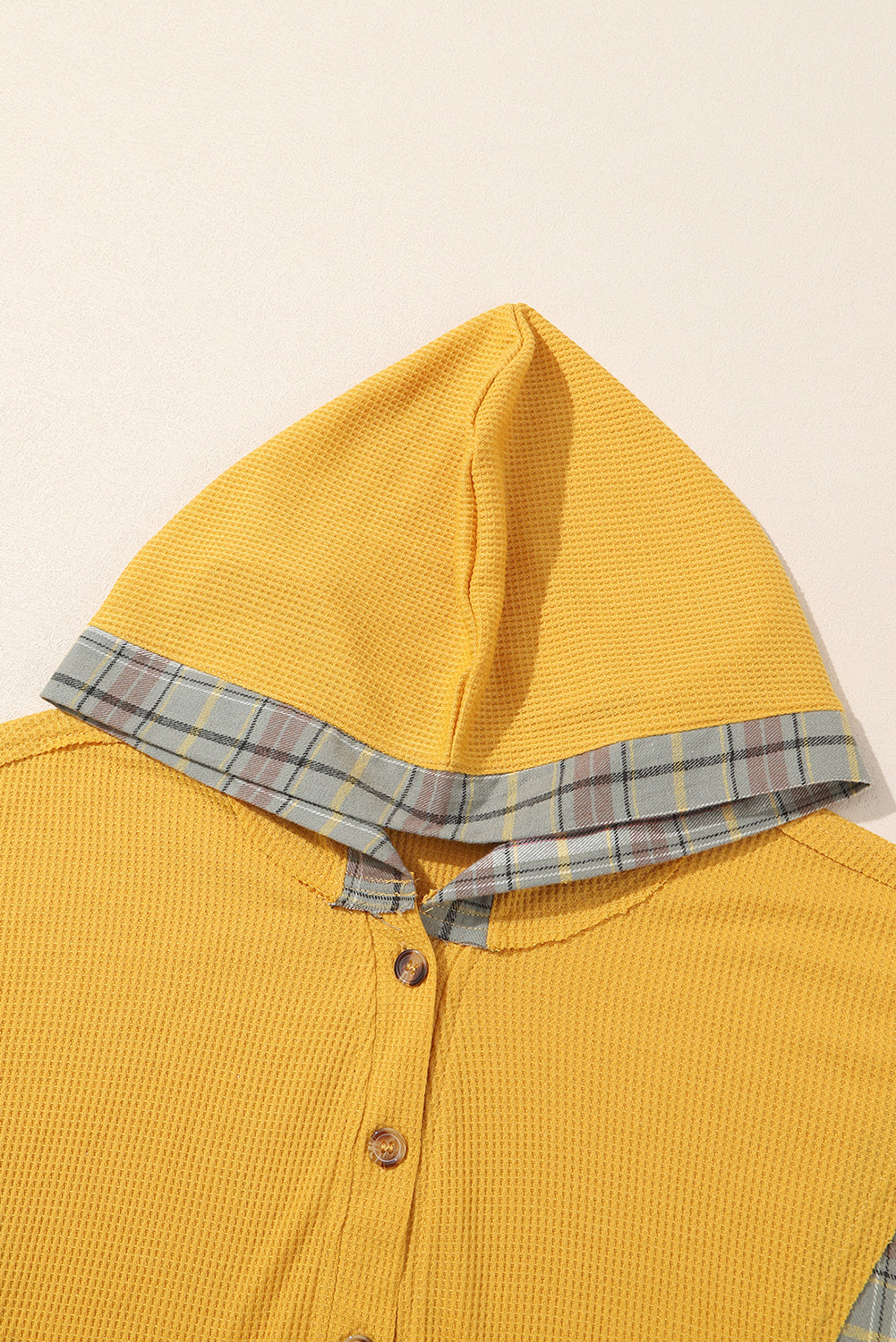 Waffle Knit Plaid Patchwork Pocketed Henley Hoodie | Yellow