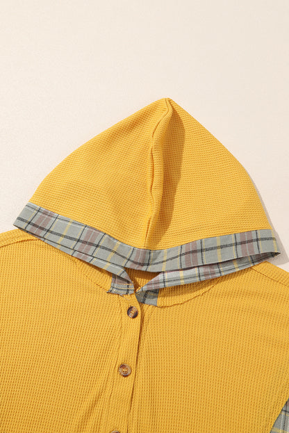 Waffle Knit Plaid Patchwork Pocketed Henley Hoodie | Yellow