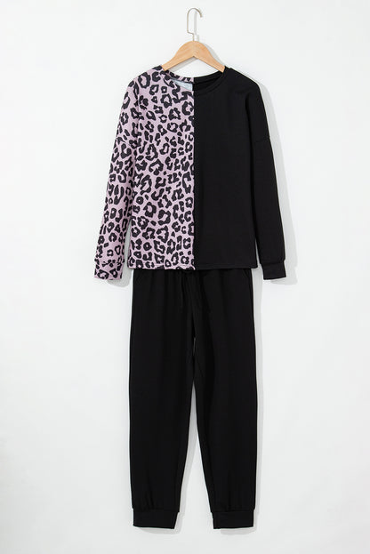 Contrast Leopard Long Sleeve Pullover And Joggers Outfit | Black