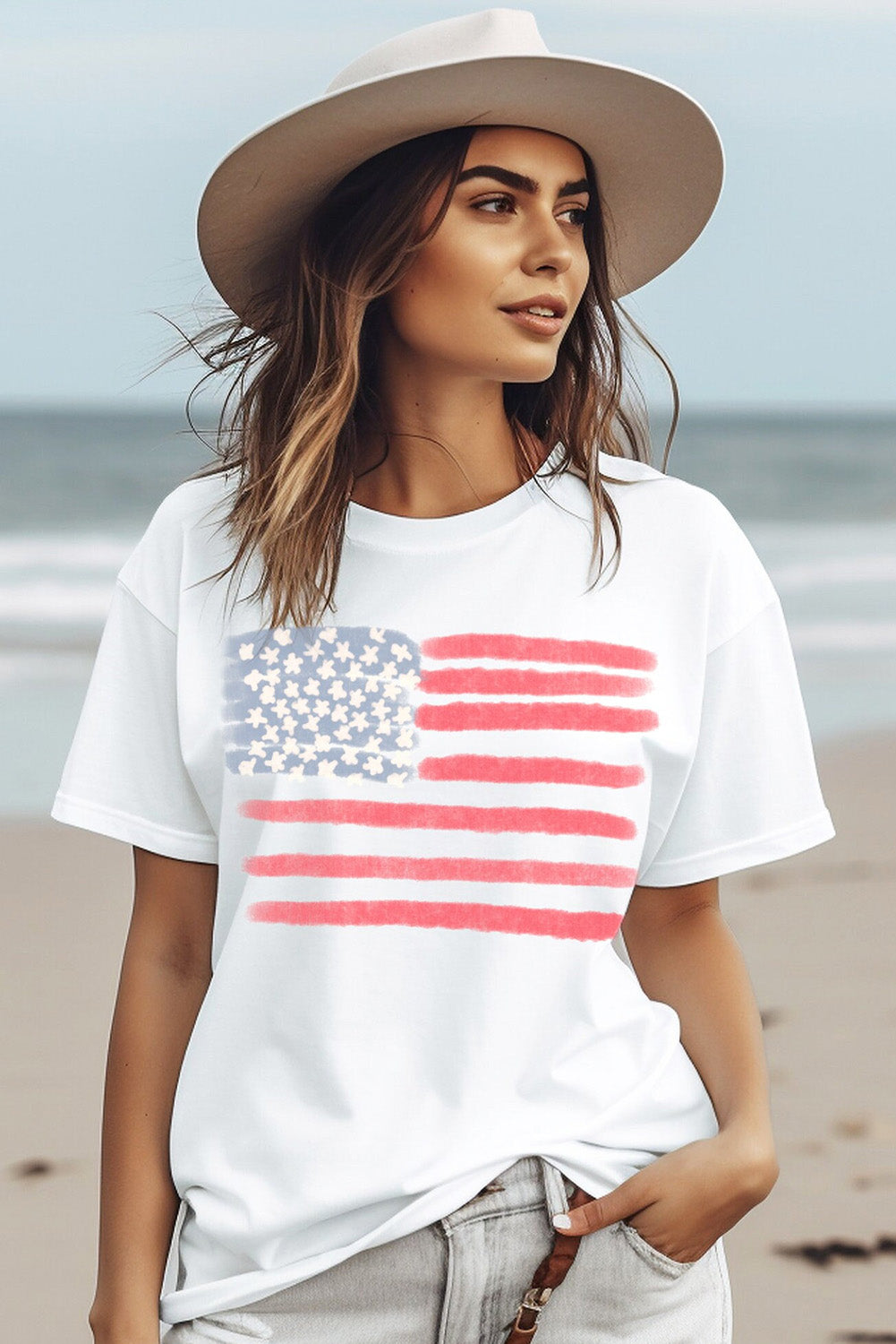 American Flag Pattern Crew Neck Short Sleeve Tee | White