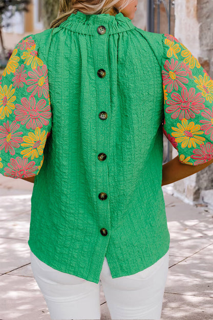 Floral Puff Short Sleeve Ruffled Collar Button Back Top | Bright Green