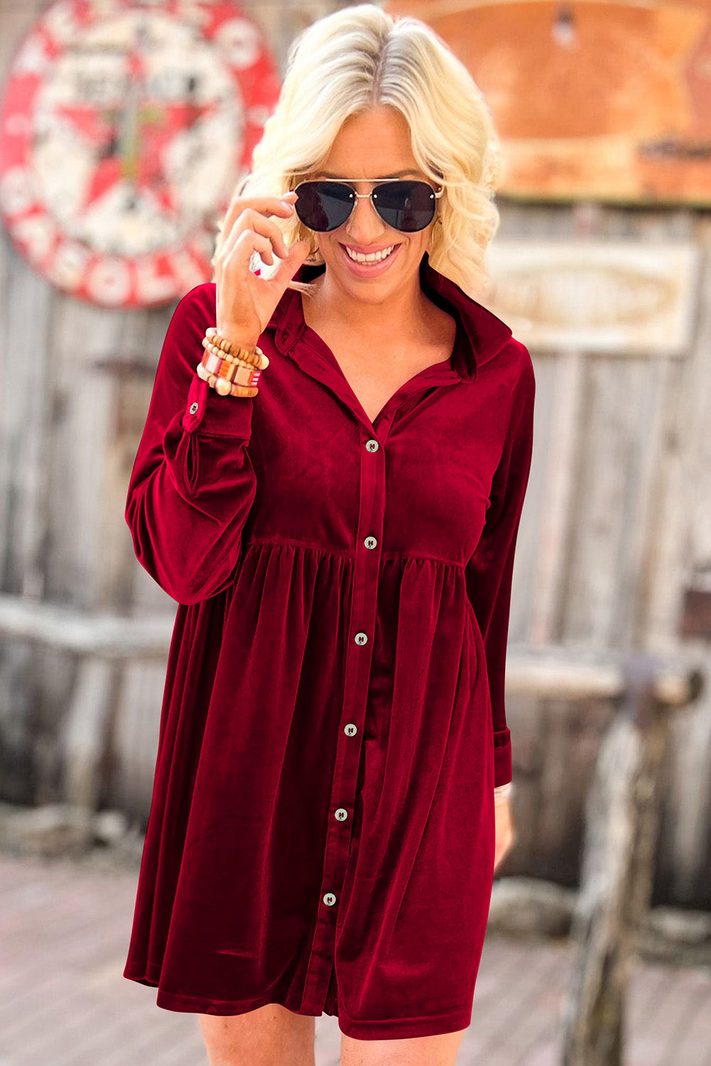 Fiery  Long Sleeve Ruffle Velvet Button Up Dress | Red