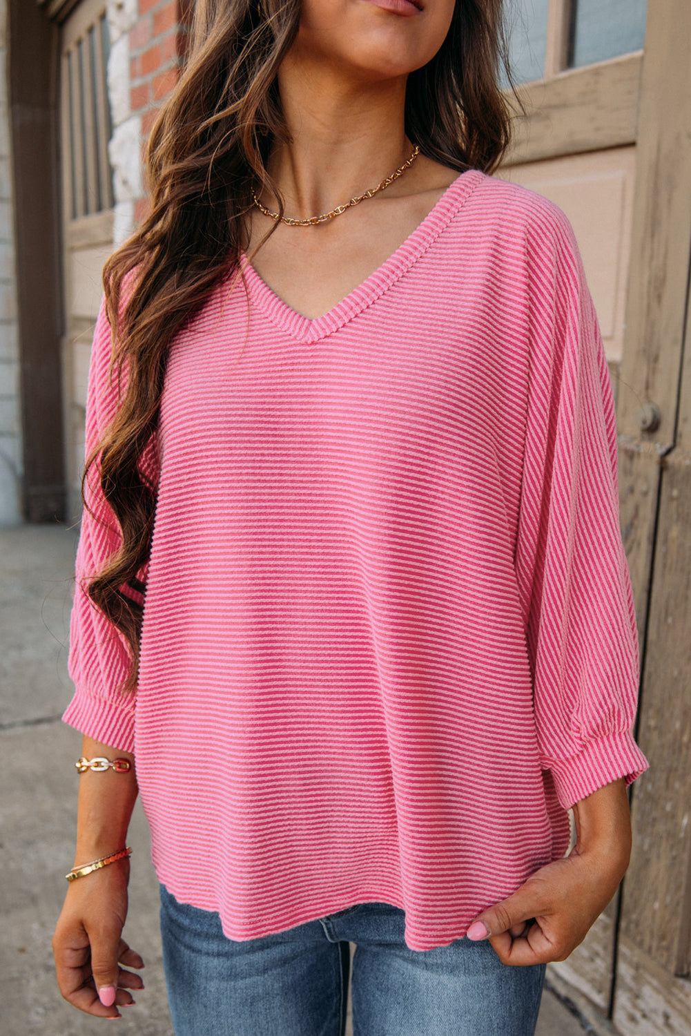 Striped Print Bracelet Sleeve V Neck Top | Strawberry Pink