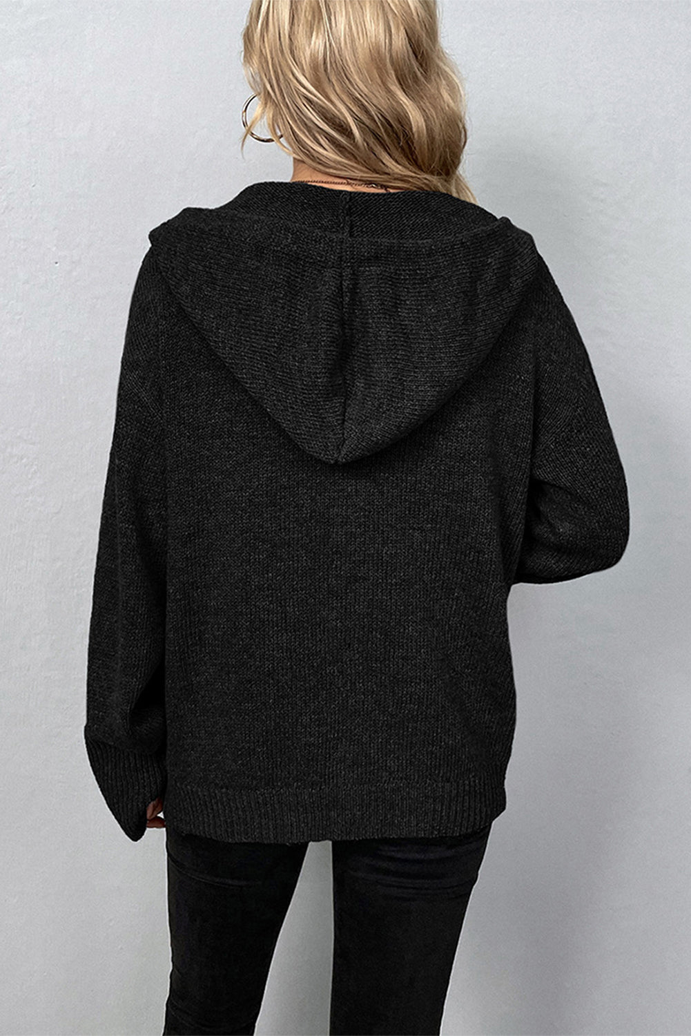 Drawstring Hooded Button Up Drop Shoulder Sweater Cardigan | Black