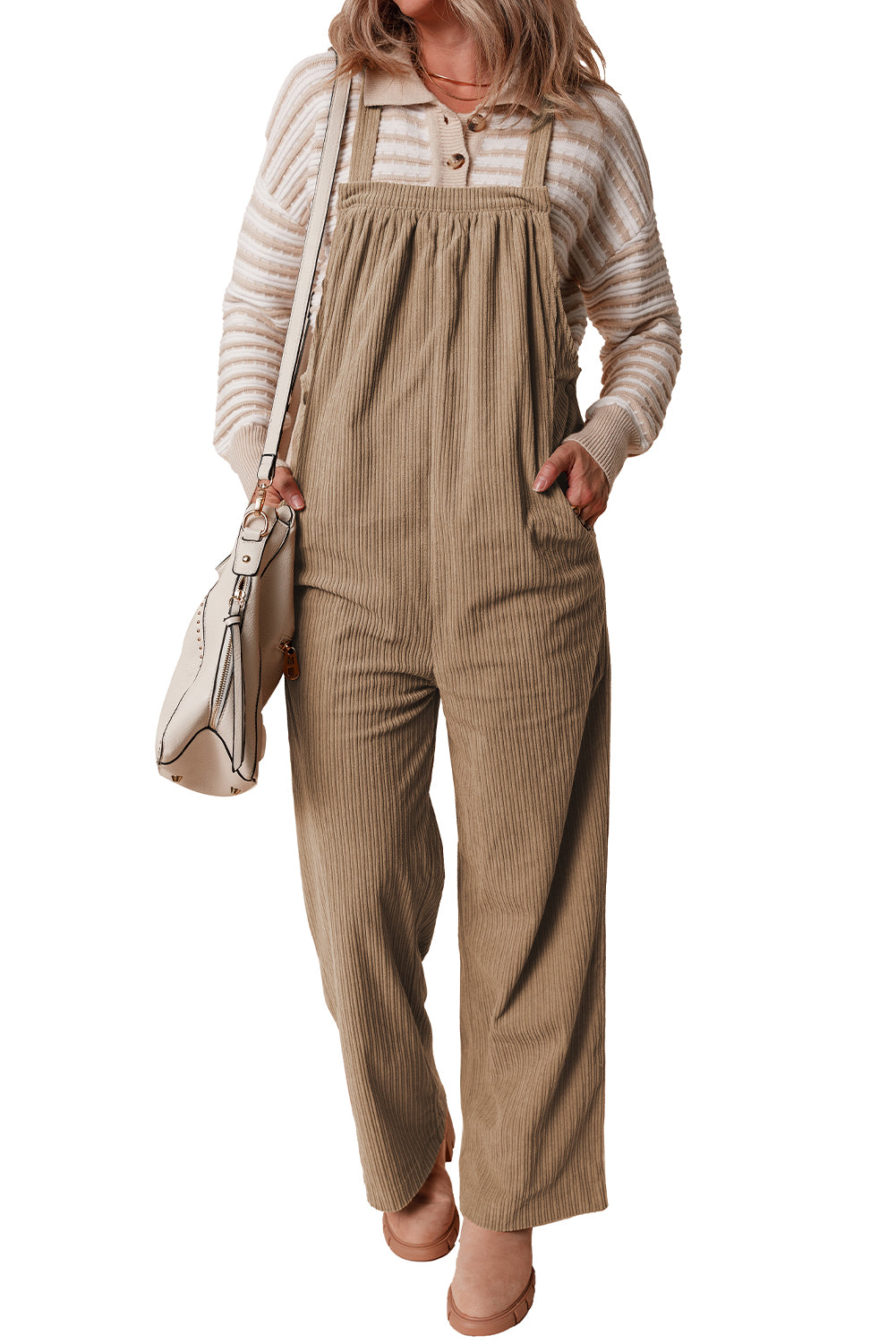 Solid Pocketed Loose Fit Corduroy Overall | Gray Morn