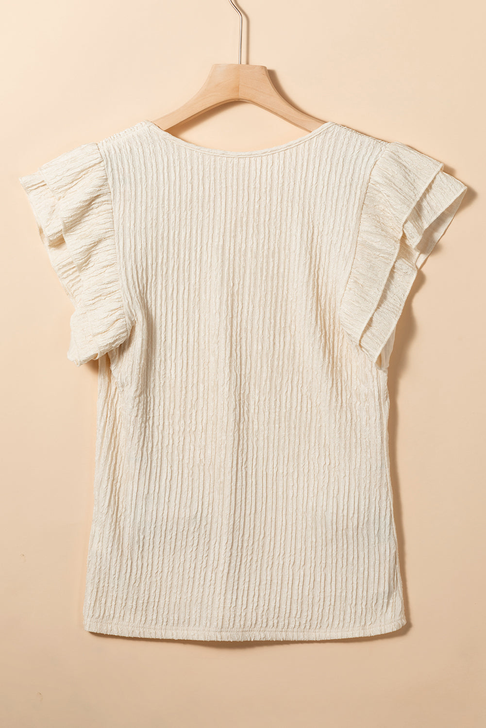 Crinkle Textured V Neck Flutter Sleeve Top | Apricot